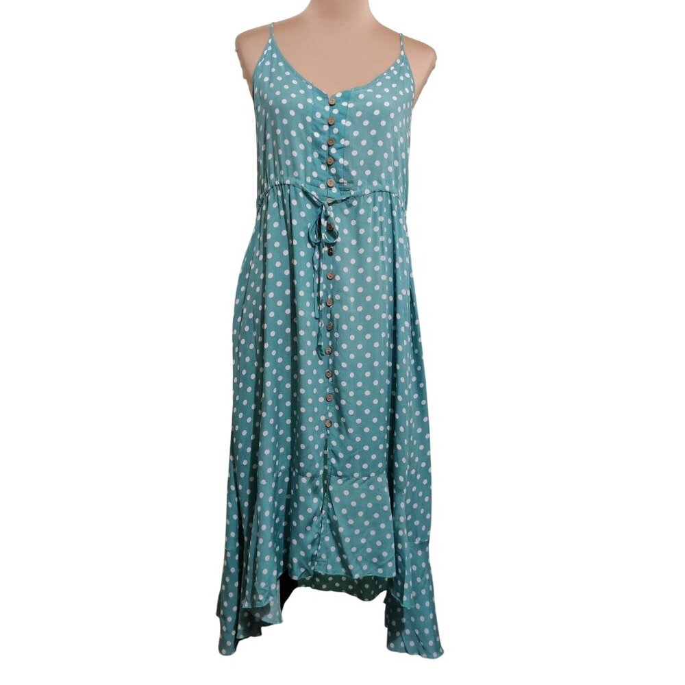 Polka Dot Midi Dress Boho Cottagecore Sundress Flowy Button-Up Tie Waist Size L